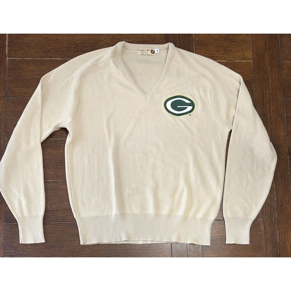 Logo 7 Green Bay Packers Mens XL Sweater Orlon Acrylic V Neck Vintage EUC
